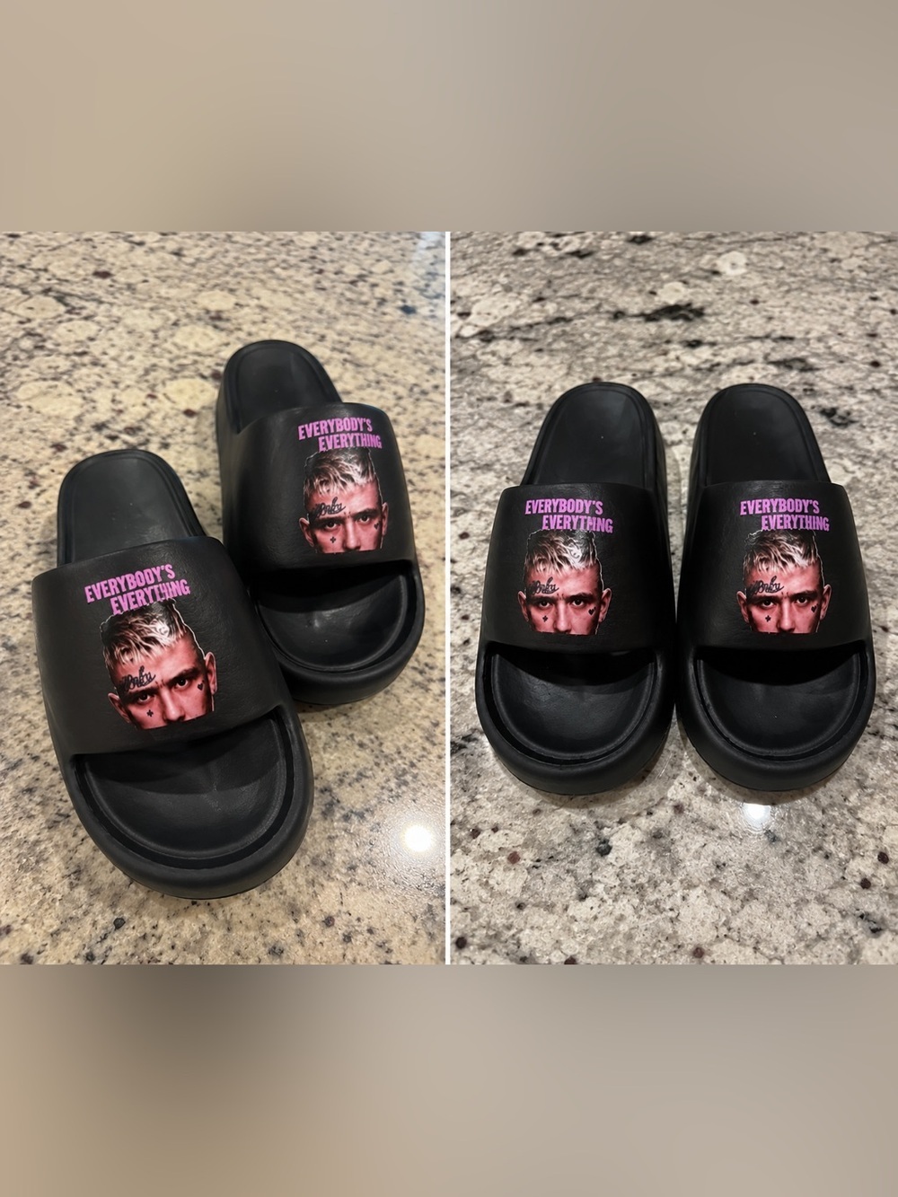 Black Slide Sandals with Pink Graphic Text - Everybody's Everything Lil peep